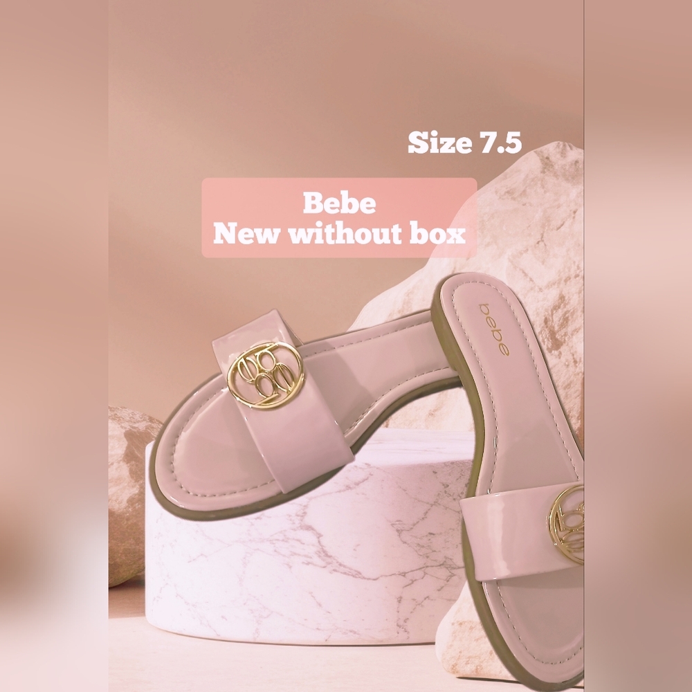 Bebe Women's Pink Slide Sandals with Gold Logo - Size 7.5